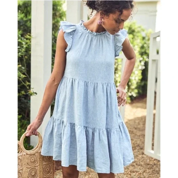 NWOT LAKE Dress Women XS Blue Linen Helen Tiered Ruffle Sundress Pocket Mini - Picture 1 of 7